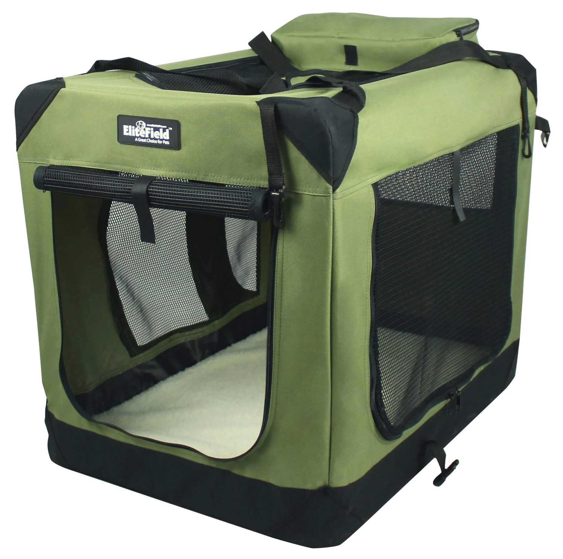 Premium Material EliteField 42-inch 3-Door Folding Soft Dog Crate with Carry Bag Fleece Bed – Sage Green Crafted