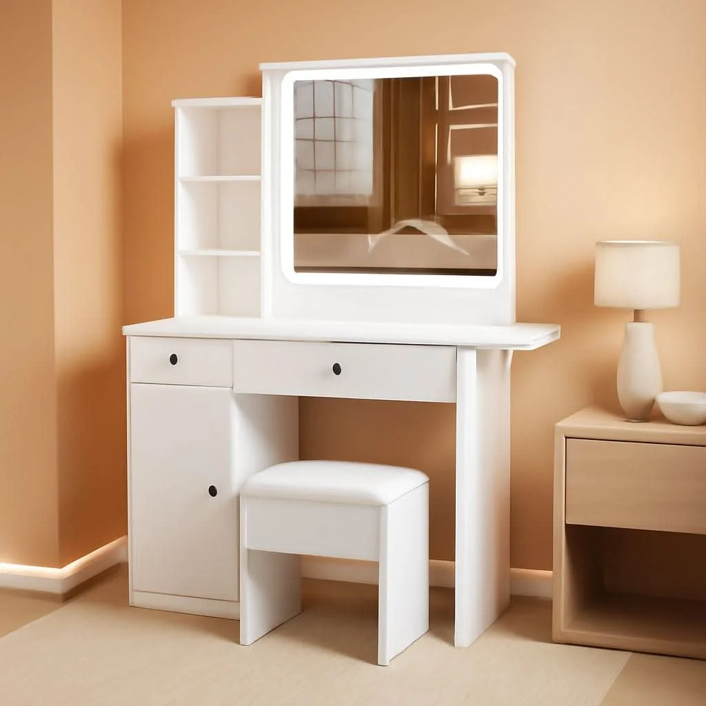 Sophisticated Vanity Desk Set White With Illuminated Mirror With LED Dependable