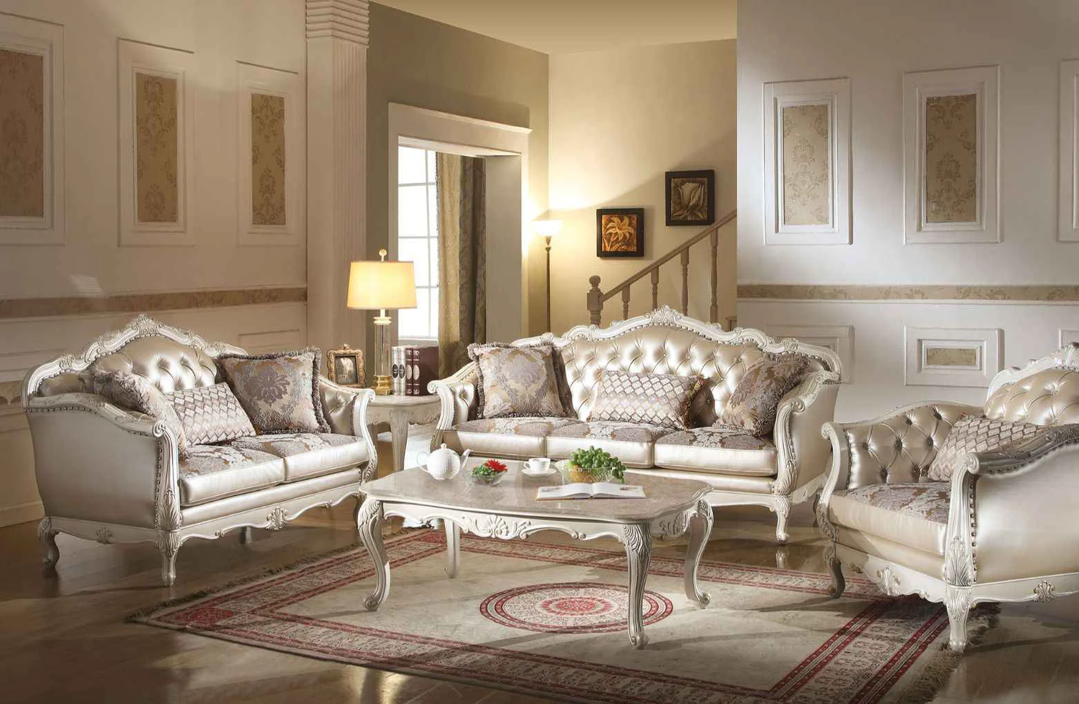 Safe Chantelle – Sofa With 3 Pillows – Rose Gold Synthetic Leather Fabric Pearl White Reusable