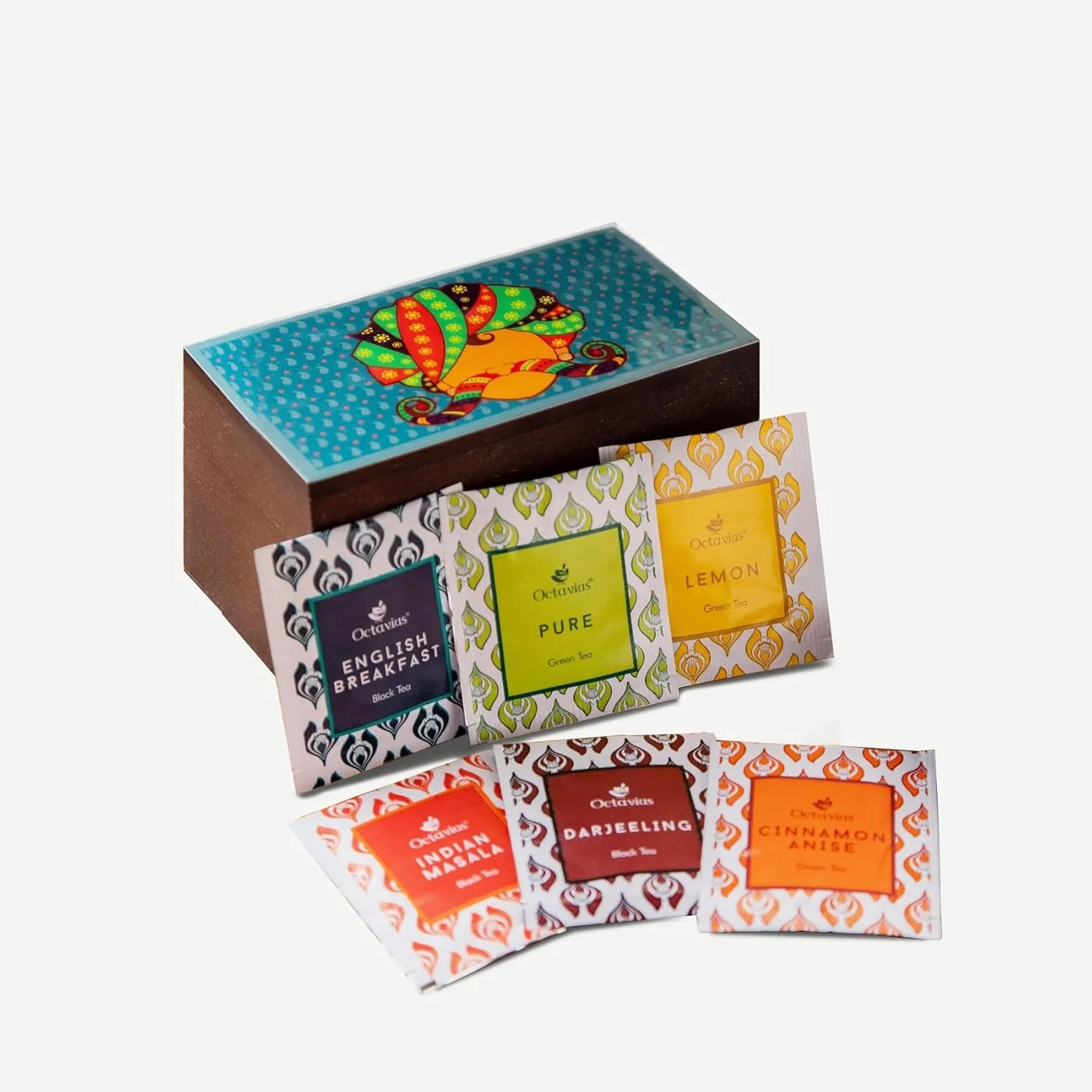 Fine Octavius Urban Print Wooden Tea Sampler Box Variety Pack Sampler For Gifting Thanksgiving – 6 Flavours 30 Bags Safe