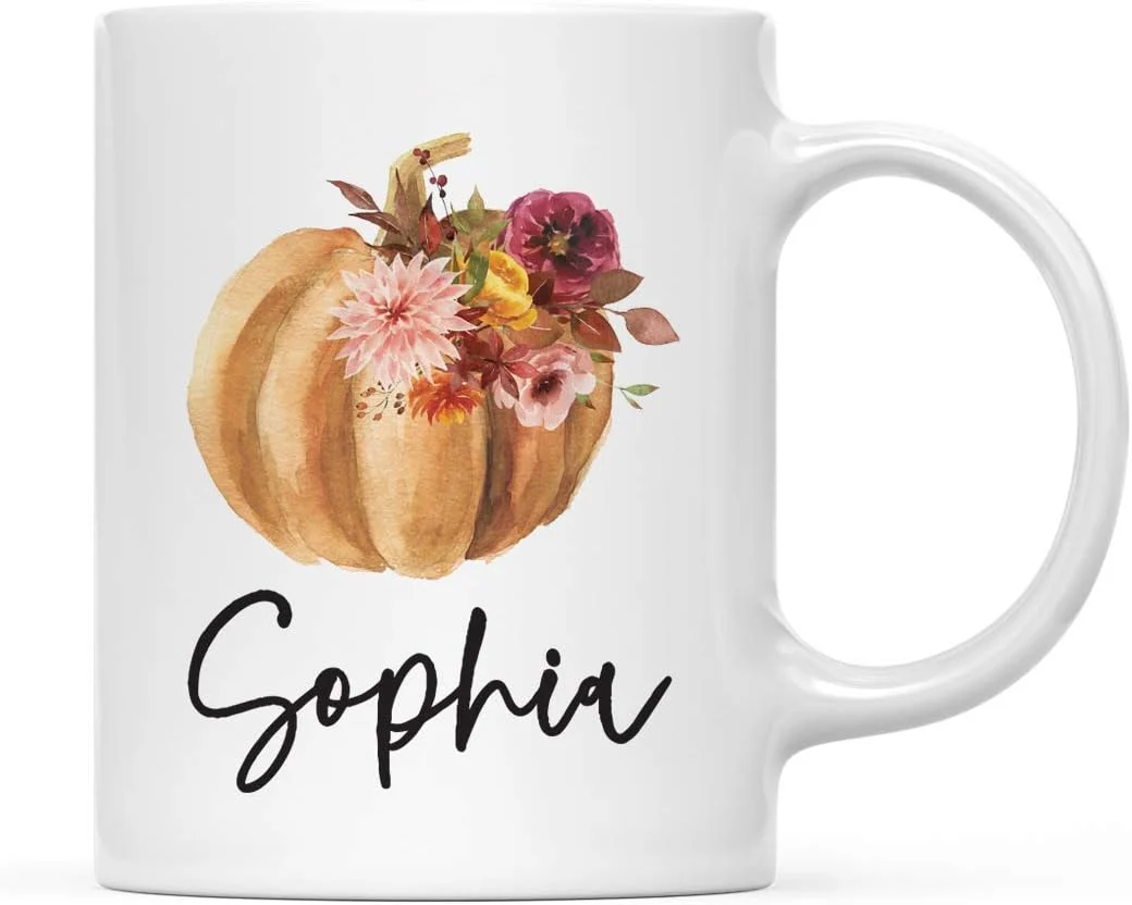 Pure Andaz Press Personalized Fall Burgundy Marsala 11oz. Ceramic Coffee Tea Mug Custom Name 1-Pack Pumpkin Floral Graphic Birthday Friend Family Enhanced