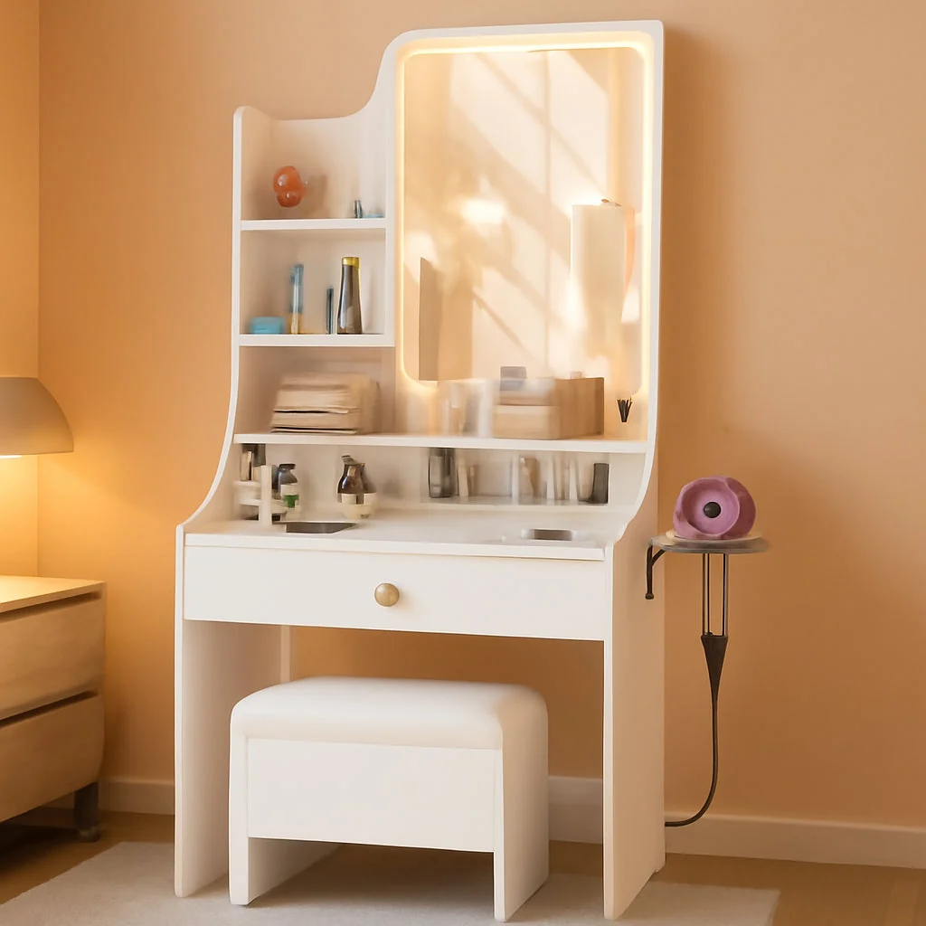 Reliable White Minimalist Vanity Desk With Illuminated Mirror World-Class