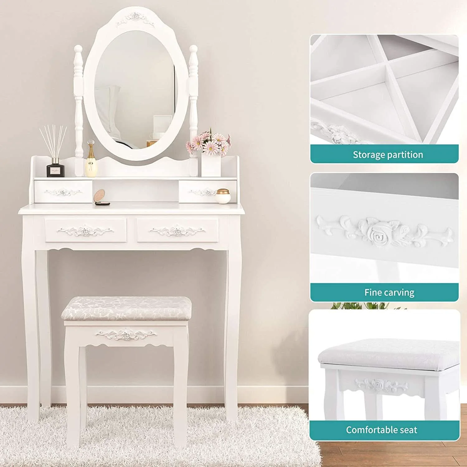 Original White Vanity Table Set With 360 Degree Rotating Mirror Carefully Designed
