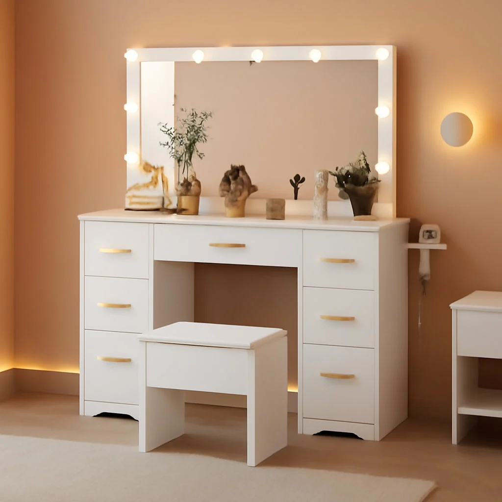 Official White Vanity Desk With Illuminated Mirror Lighting Sustainable
