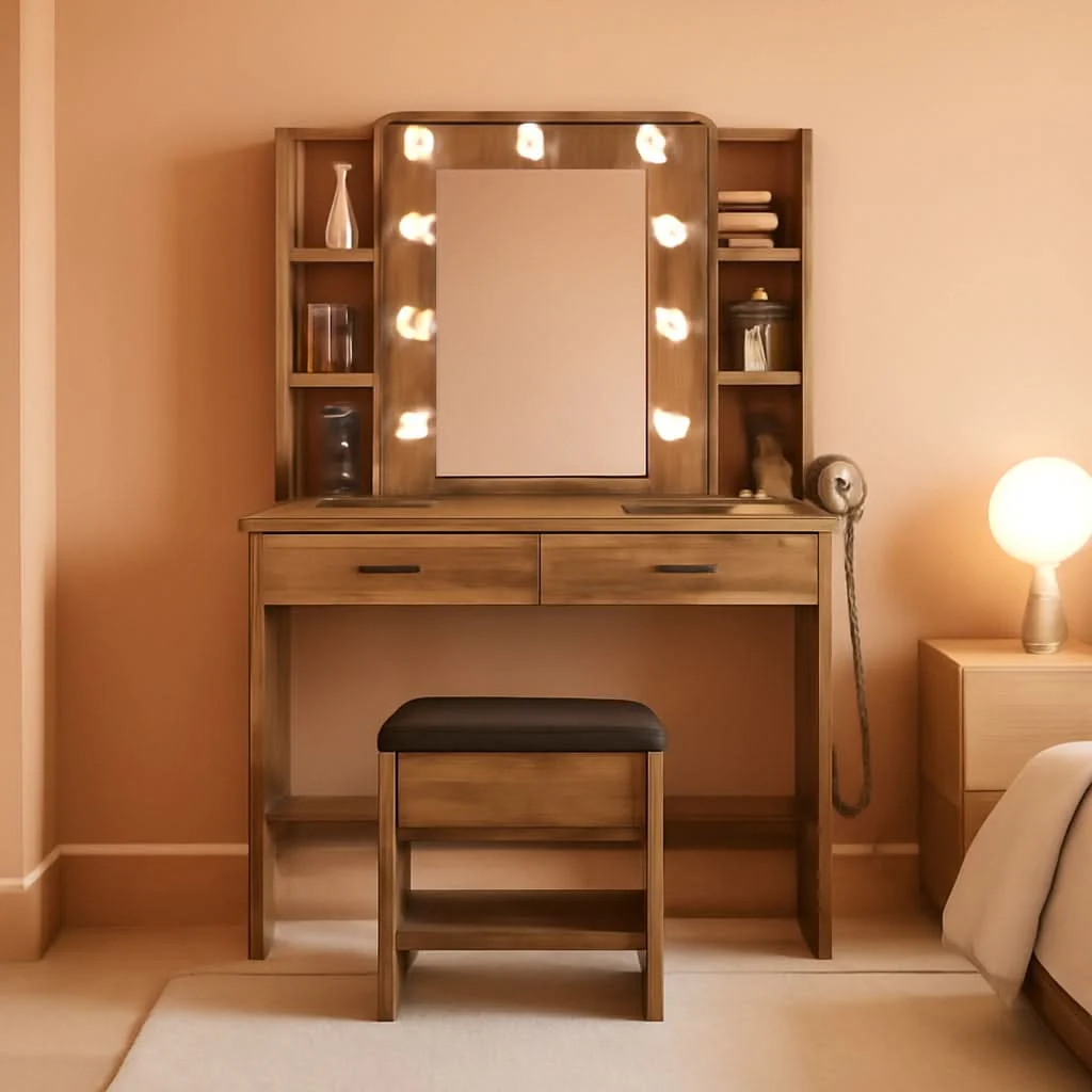 User-Friendly Contemporary Rustic Brown Vanity Desk With Lighting Top-Quality
