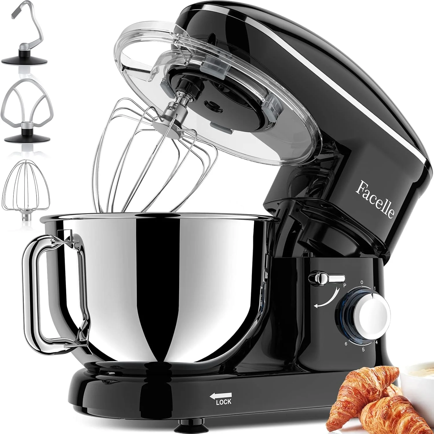 Healthy Facelle Stand Mixer 660W 6 Speed Electric Kitchen Mixer with Pulse Button Attachments include 6.5QT Bowl Dishwasher Safe Beater Dough Hook Professional