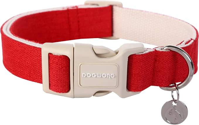Unique DOGWONG Cotton Hemp Dog Collar Heavy-Duty Red Dog Collar Adjustable Soft Secure