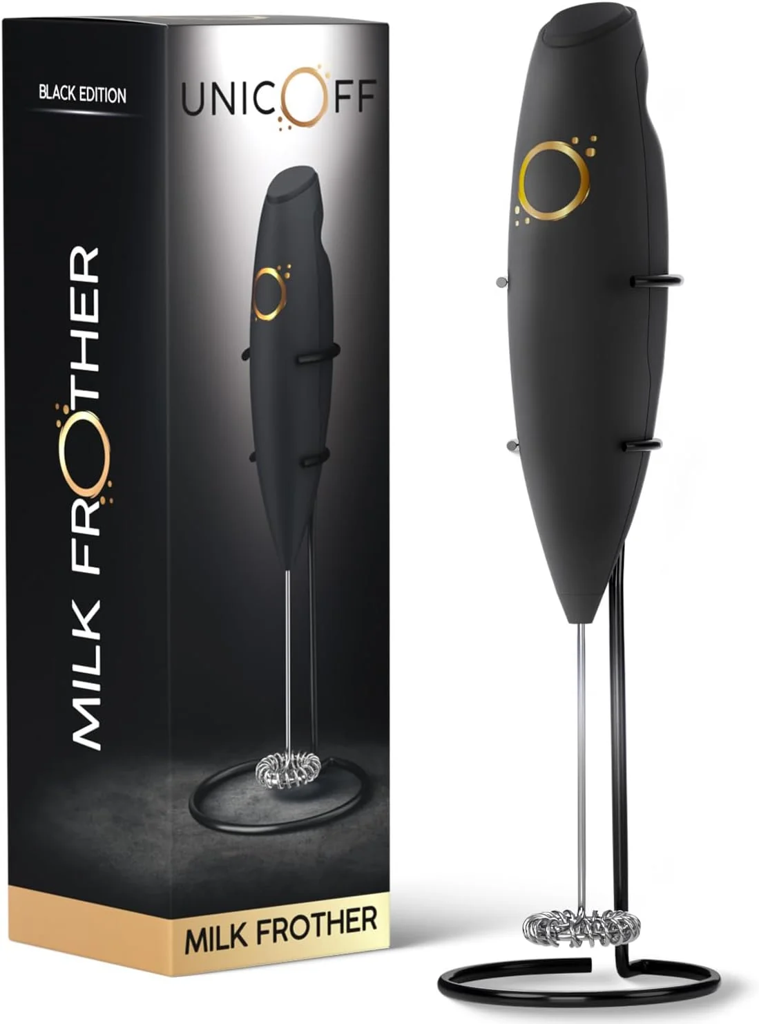 Refined Milk Frother Matte Black – Coffee Frother Handheld with Electric Whisk – 19000 rpm – Book Recipes and Stainless Steel Stand Included Genuine