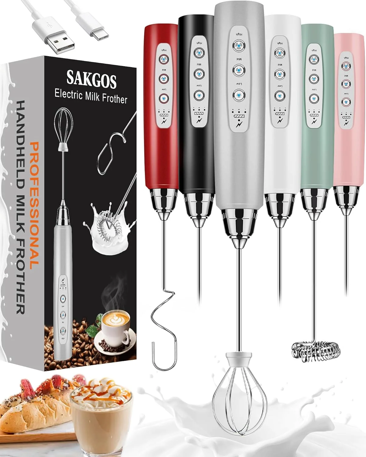 First-Class Milk Frother Rechargeable Handheld-Electric Whisk 3 Speed Adjustable Coffee Frother Wand with 3 Stainless Whisks Electric Foam Maker Specialty