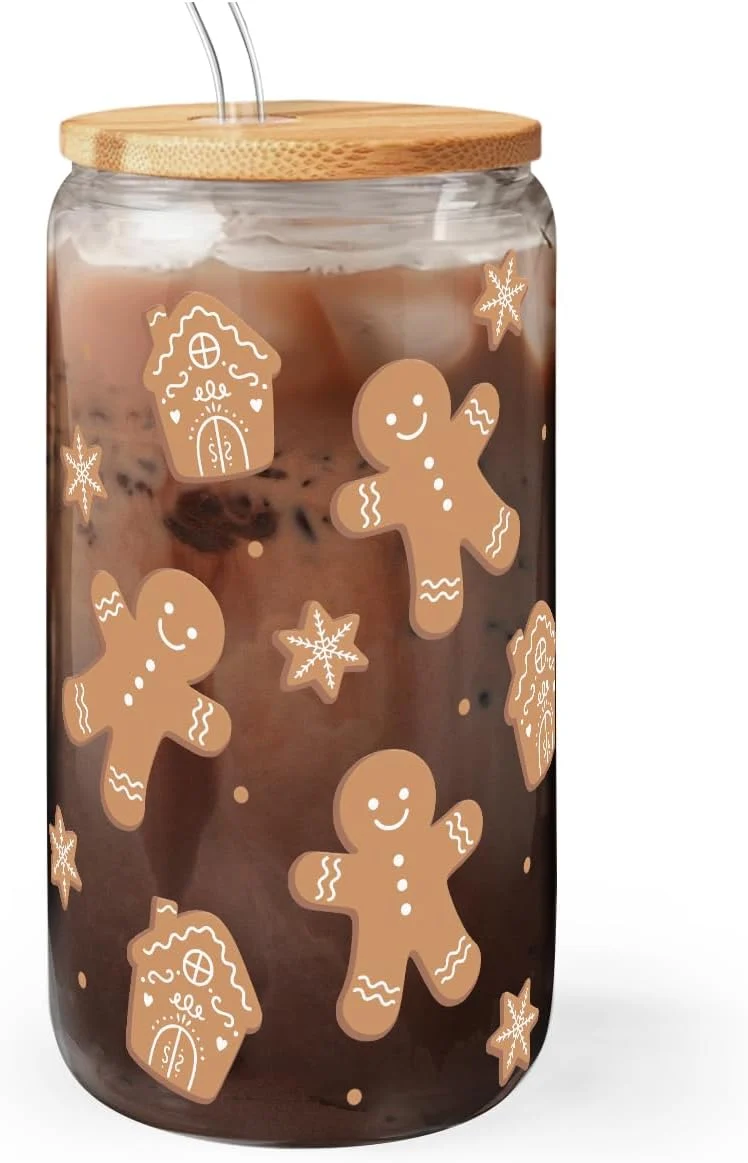 Versatile Gingerbread Christmas 16oz Can Glass Tumbler with Bamboo Lid Straw – Iced Coffee Cup for Women Girls Aesthetic Cups Gifts for Xmas Natural