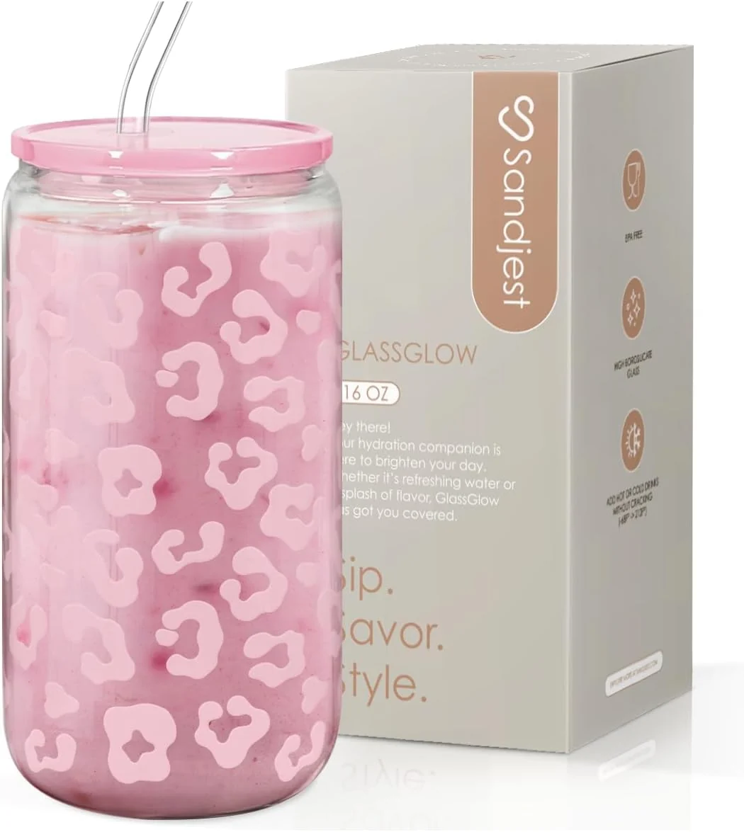Efficient Sandjest Leopard Glass Bottle Pink Leopard Print Glass Cup with Lid Straw Iced Coffee Aesthetic Glass Can Gifts for Women Fine