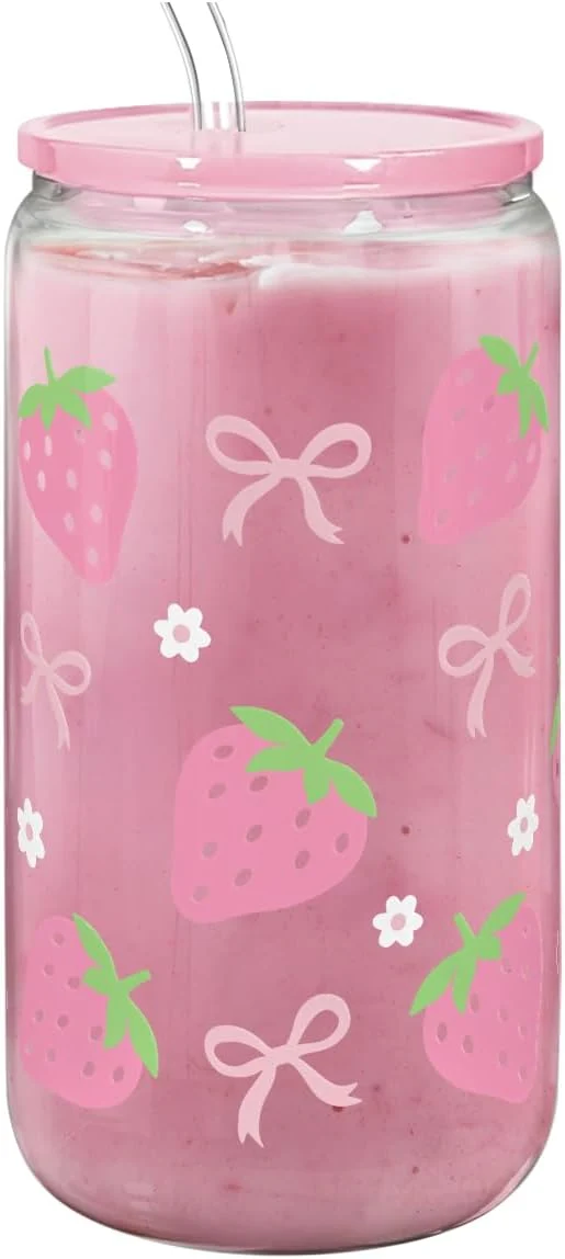 Solid Strawberry 16 Oz Can Glass Tumbler with Acrylic Lid and Straw – Iced Coffee Cups for Women Aesthetic Glass Cup Gift for Birthday Christmas Casual