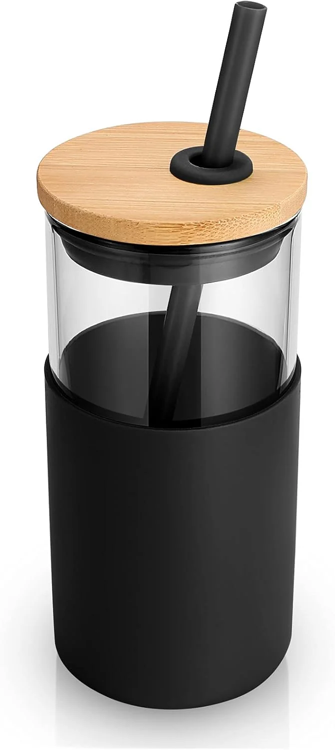 Versatile Tronco 16 oz Glass Tumbler with Straw and Bamboo Lid Iced Coffee Cup Reusable Smoothie Cups Tumbler with Silicone Protective Sleeve – BPA Specialty