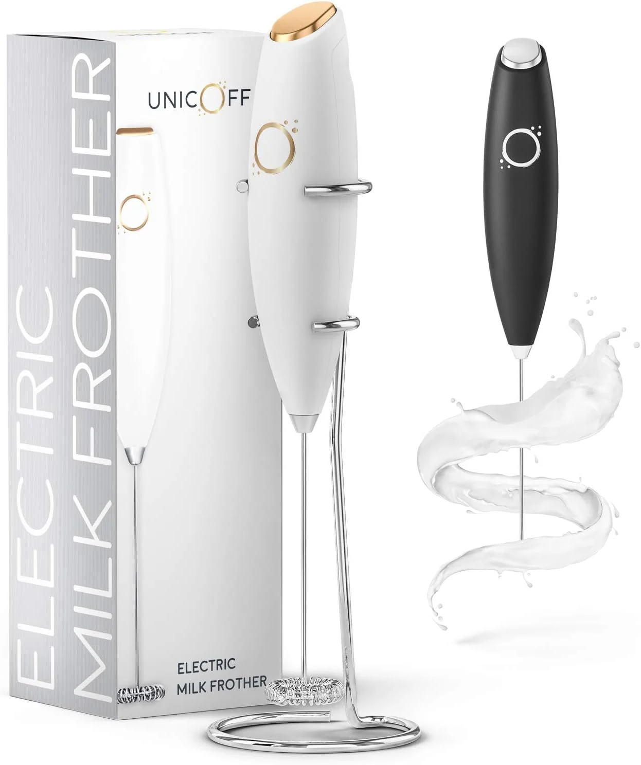 Stylish Milk Frother White – Coffee Frother Handheld with Electric Whisk – 19000 rpm – Book Recipes and Stainless Steel Stand Included World-Class