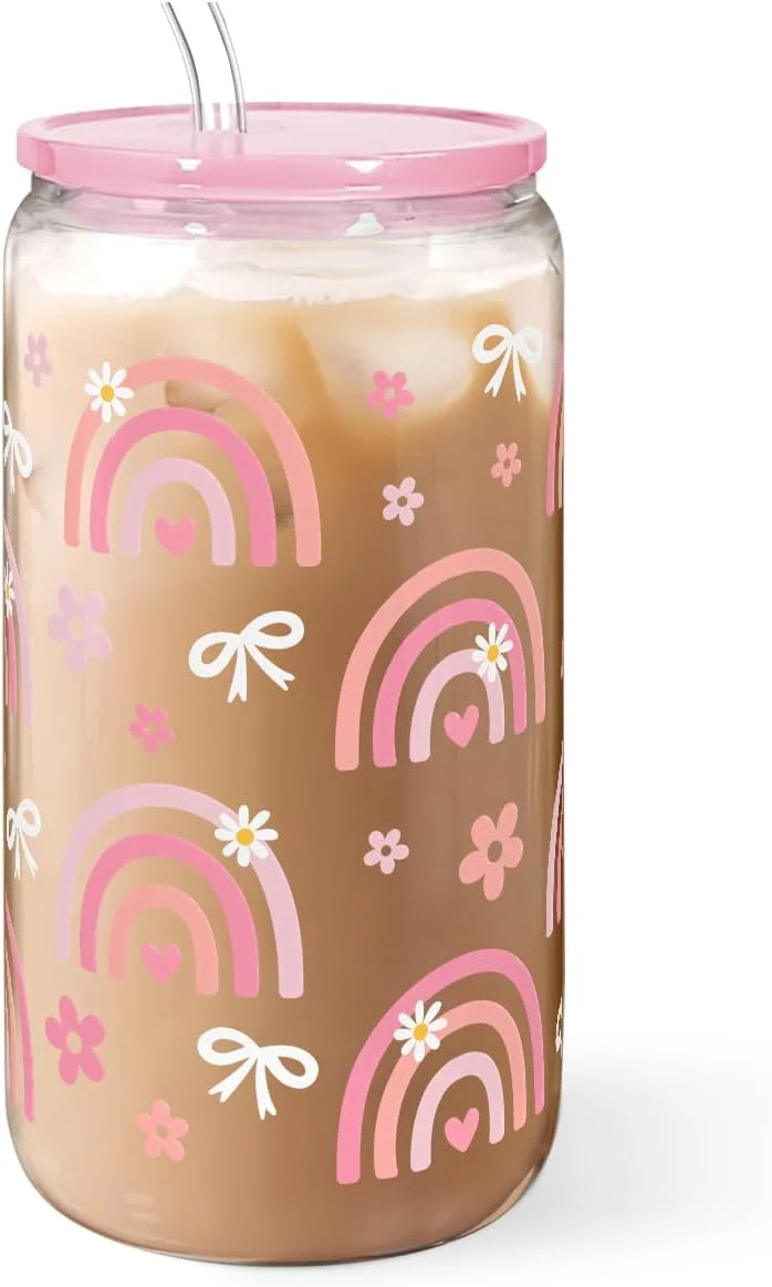 Advanced Rainbow 16oz Can Glass Tumbler with Acrylic Lid Straw Iced Coffee Cup for Women Girls Aesthetic Cups Gifts for Birthday Christmas Long-Lasting