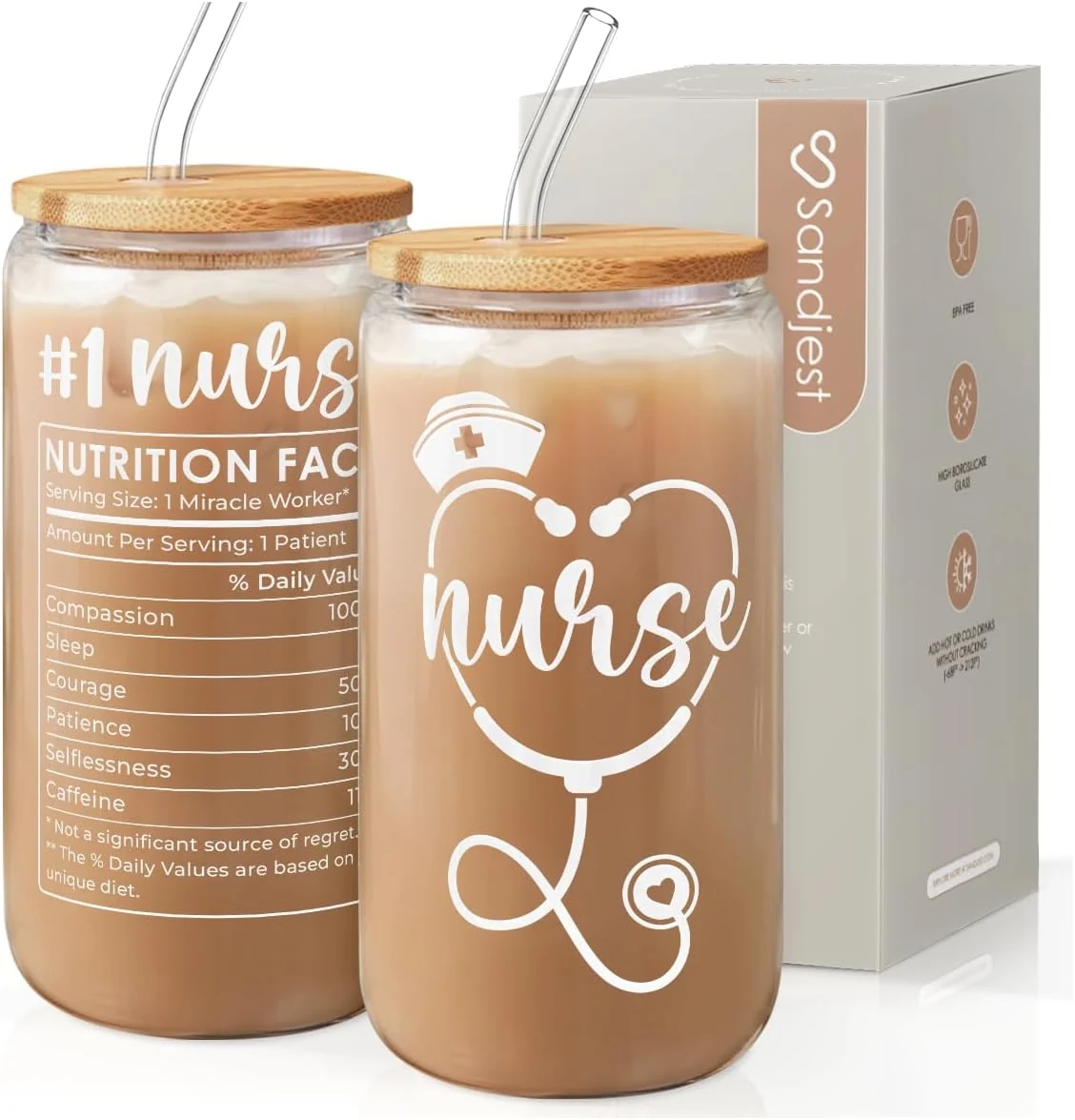 Optimized SANDJEST Nurse Glass Can Nutrition Facts Cup with Lid amp Straw Iced Coffee Aesthetic Cups Idea Gift for Christmas Birthday Nurse Week Gifts for Women 16oz Solid