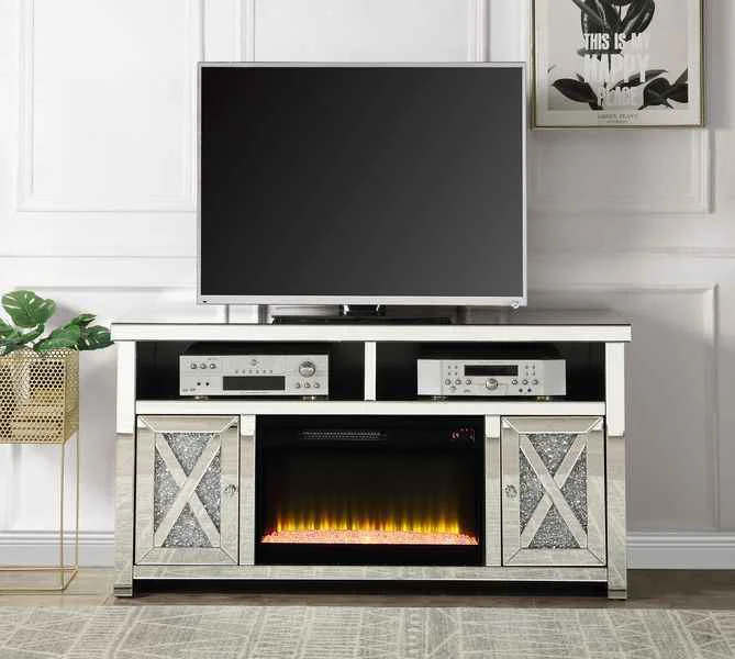 Traditional Noralie – 32 TV Stand With Fireplace – Mirrored Faux Diamonds Elite