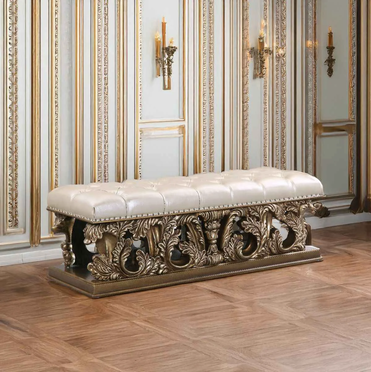 Artisan Constantine – Bench – Light Gold Synthetic Leather Brown Gold Minimalist