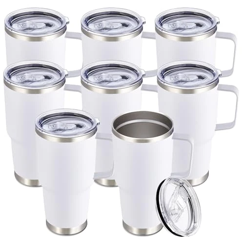Superior 30 oz Stainless Steel Tumblers Bulk with Handle and Lid 8 Count Practical