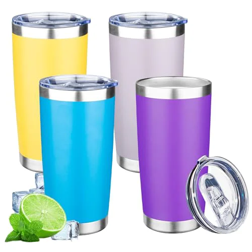 Premium 20oz Tumbler with Lid Double Wall Vacuum Insulated Travel Coffee Mug Stainless Steel Thermal Cup Powder Coated Sturdy Coffee Tumbler Bulk for Hot and Cold Beverages 4 Count Fine Crafted
