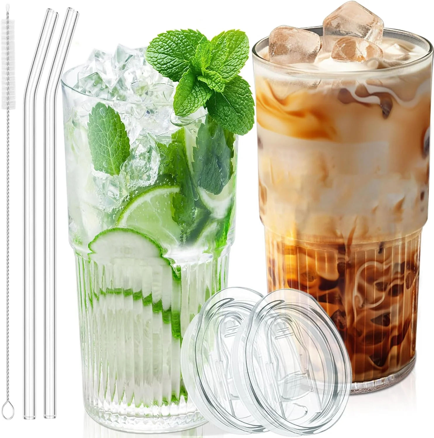 Fast 18.5oz Glass Cups with Lids and Straws – Set of 2 Reusable Tumblers Thickened Shatter-Resistant Glass I for Iced Coffee Smoothies Cocktails Authentic