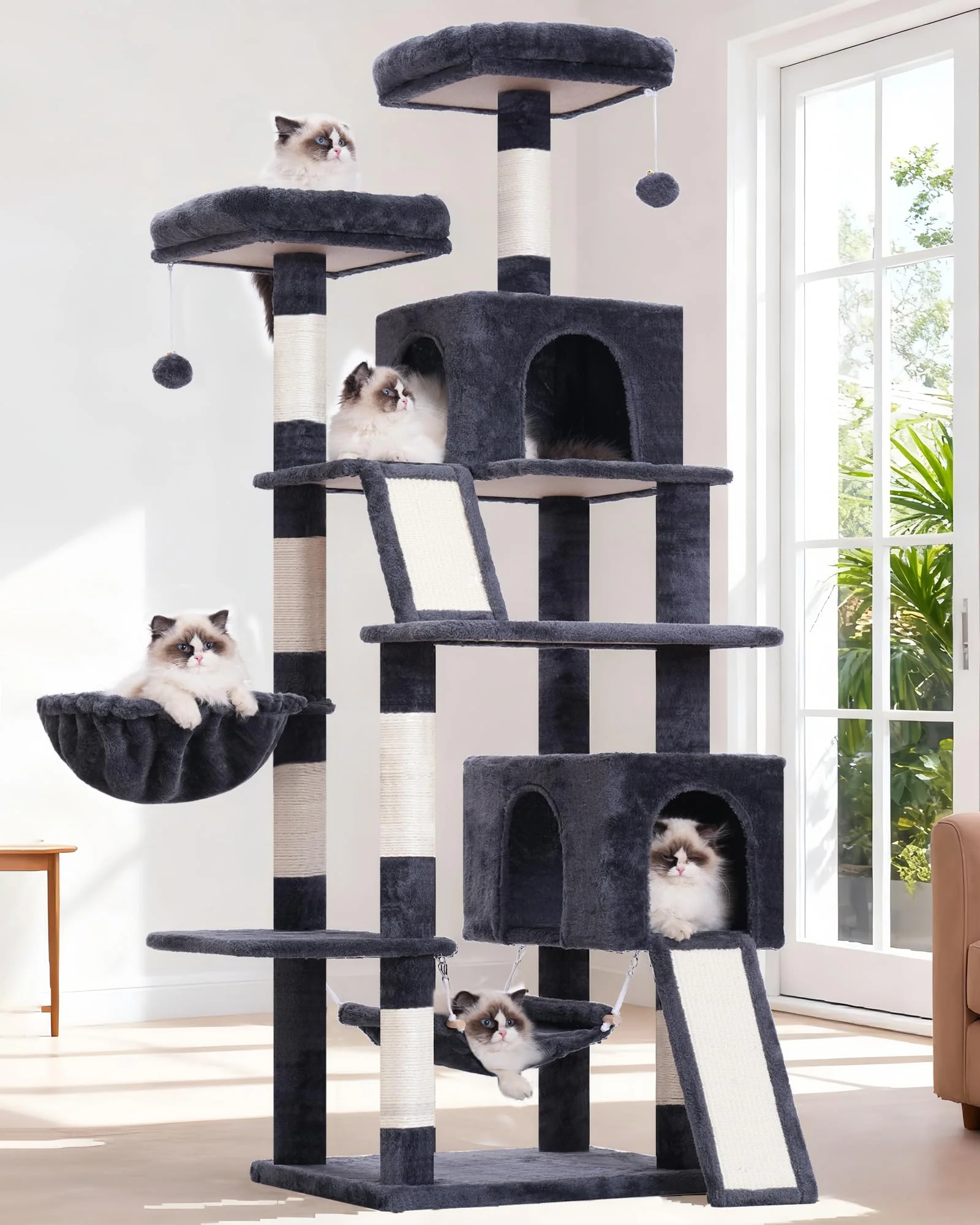 Pure Gitelsnour 71” Cat Tree – Multi-Level Indoor Cat Tower with Plush Caves Scratching Boards Hammock Crafted