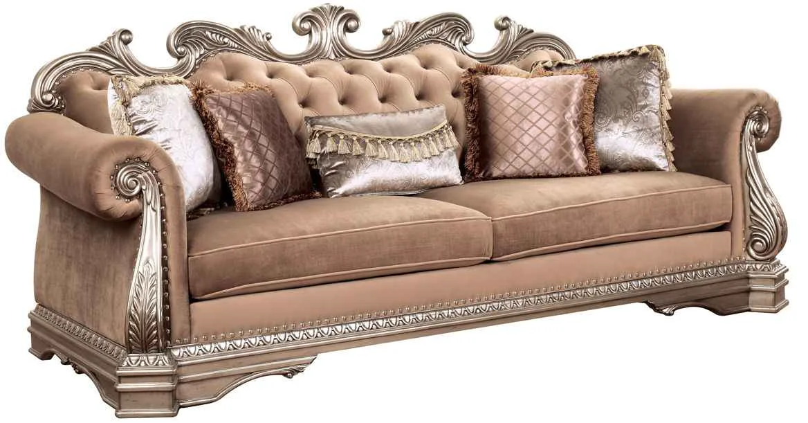 Unique Northville – Sofa With 5 Pillows – Velvet Antique Silver Enhanced