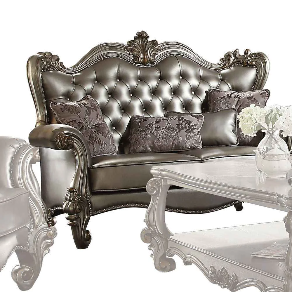 Reusable Versailles – Loveseat With 4 Pillows – Silver Synthetic Leather Antique Platinum Proven