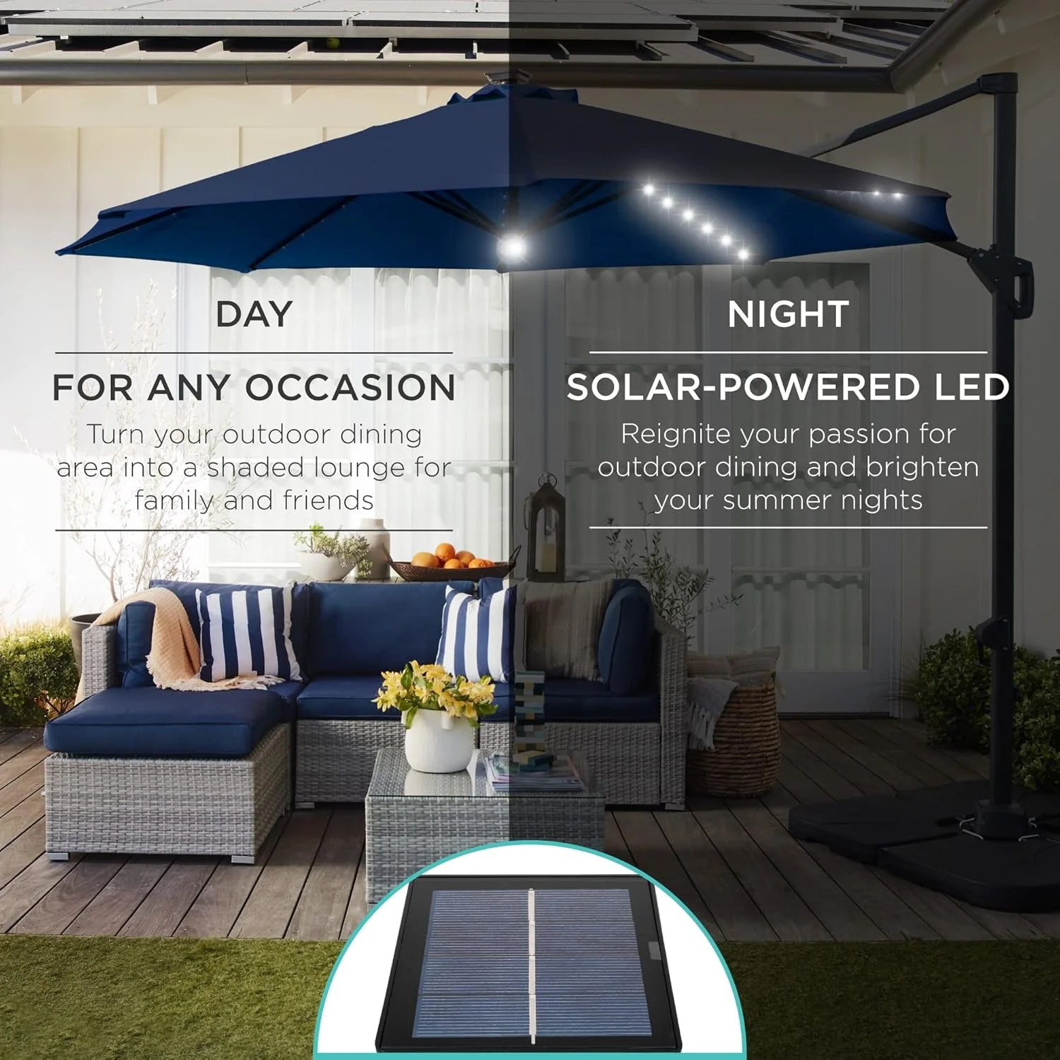 Modern Ten Ft Solar LED Cantilevered Patio Umbrella Navy Blue Safe