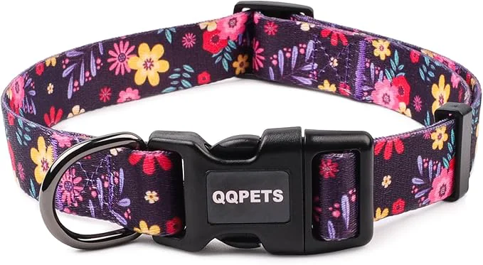 Expertly Made QQPETS Adjustable Soft Dog Collar Print Flower Pink Multicolor Cute Patterns Durable