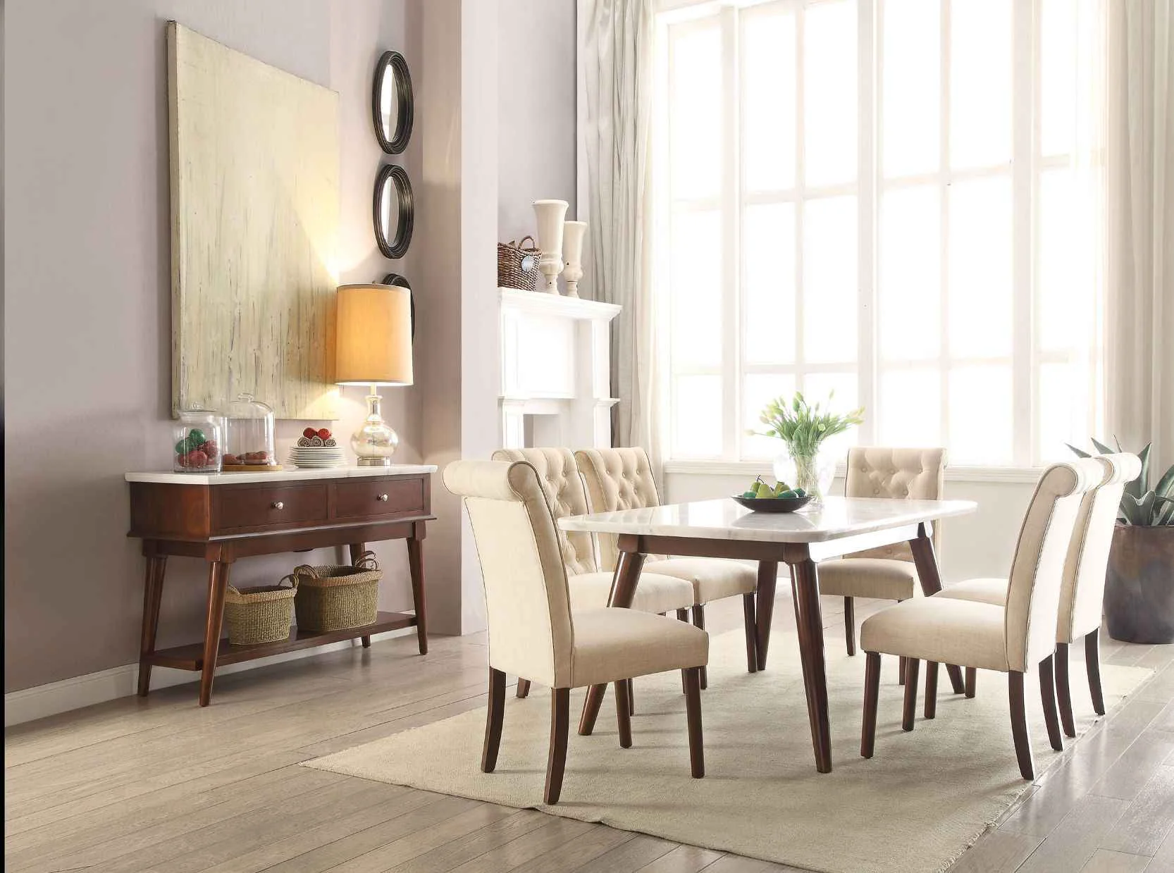 Traditional Gasha – Dining Table – White Marble Top Walnut Clean