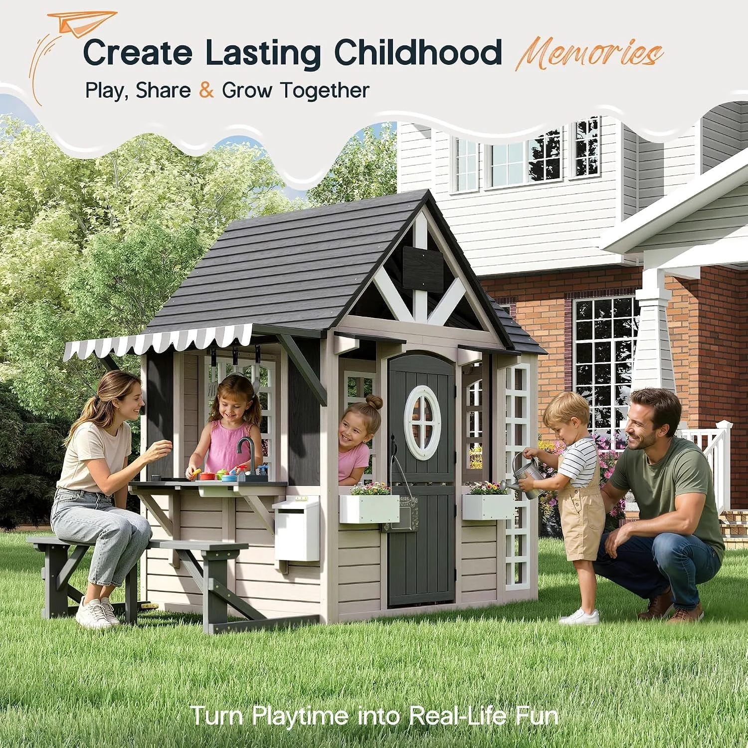 Minimalist Large Wooden Outdoor Playhouse With Kitchen Features Solid
