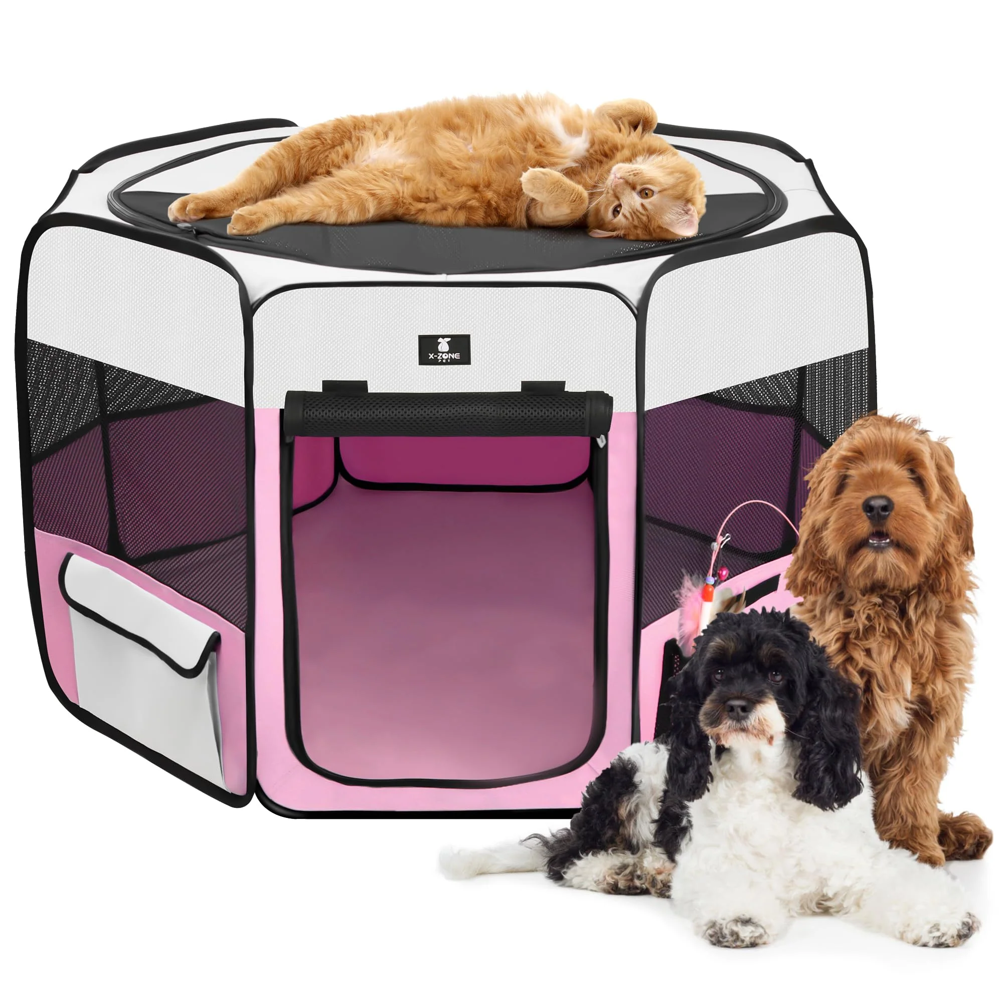 Reusable X-ZONE PET Portable Foldable Playpen – 59 Dia x 30 H 600D Oxford Indoor Outdoor XL Pink Enhanced