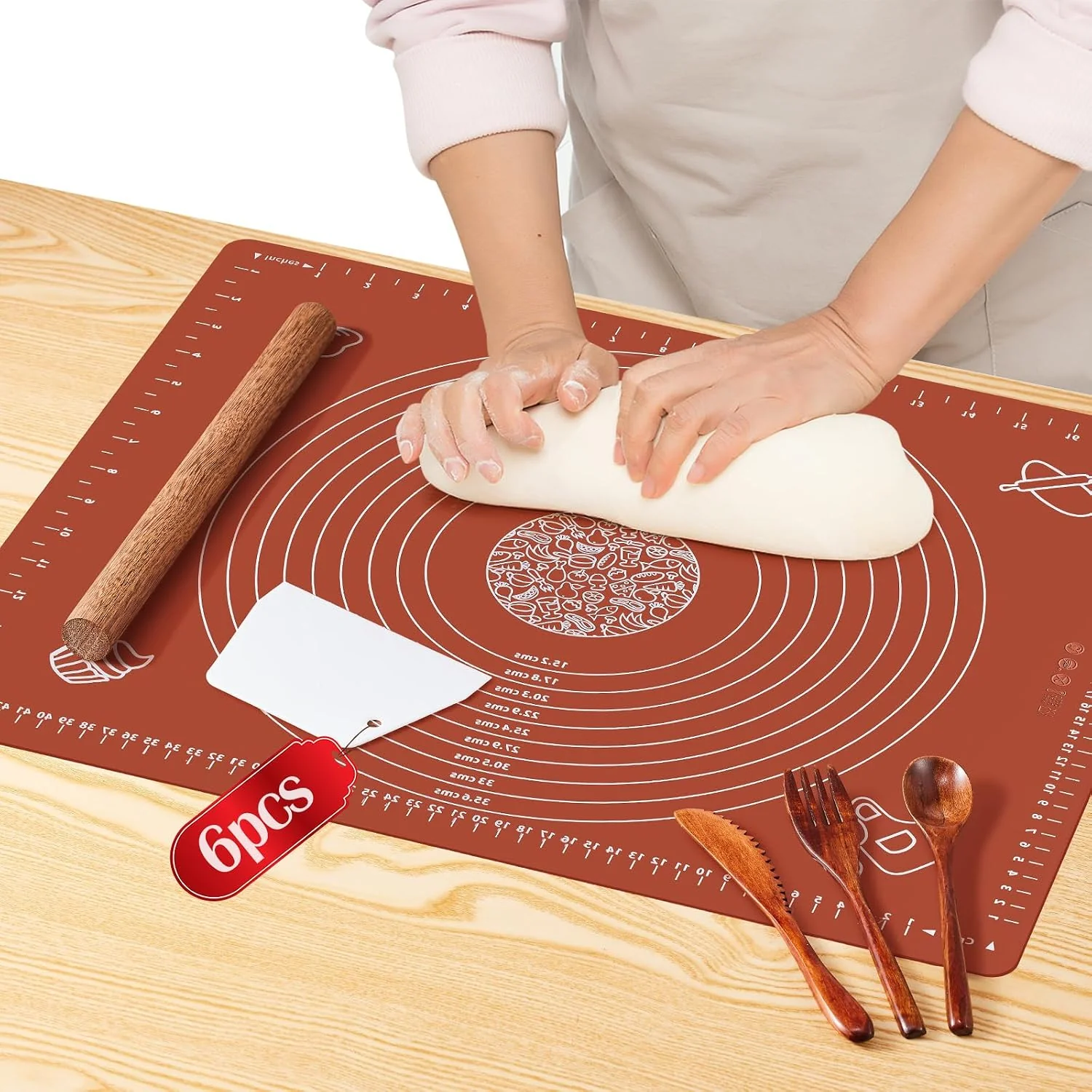 Eco-Friendly 6PCS Silicone Baking Mat Set Pastry Mat with Measurements Wooden Rolling Pin Knife Fork Spoon Scraper Pasta Cutter Non-slip Silicone Mat Non-Stick Dough Mat for Counter Kneading Mat Set 28” 20” Practical