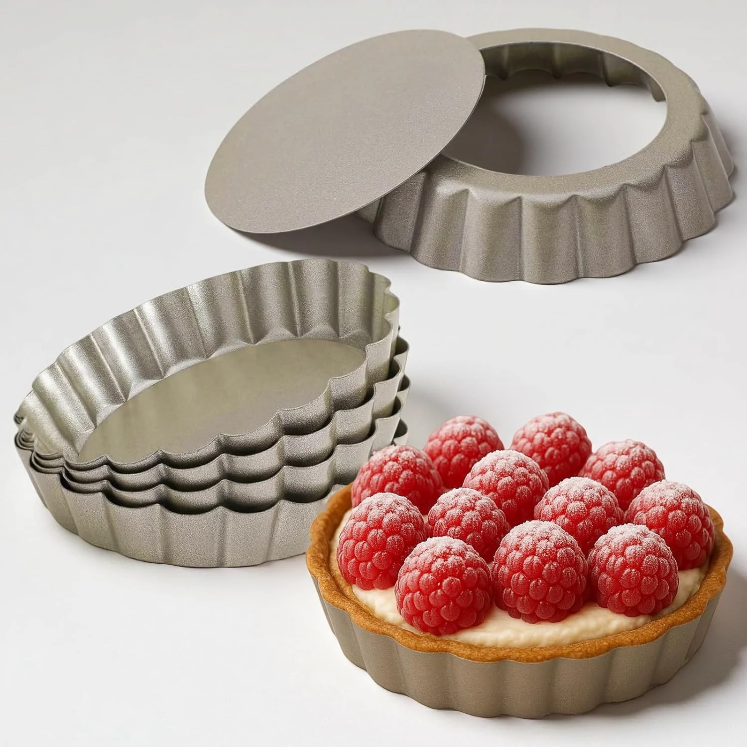 Smooth 4 Inch Mini Quiche Pans Gold 6 Pack. Egg Tart Molds w Removable Bottom Non-Stick Coating Rugged Carbon Steel for Small Tart Quiche Pie Making Flexible