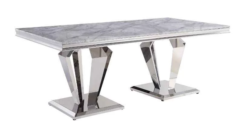 Elite Satinka – Dining Table – Light Gray Printed Faux Marble Top Mirrored Silver First-Class