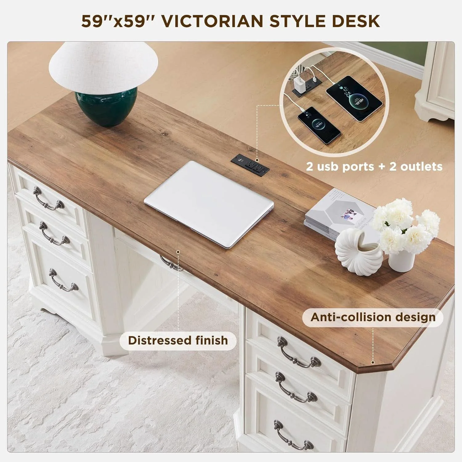 User-Friendly 59 Victorian Farmhouse Executive Desk Antique White Certified