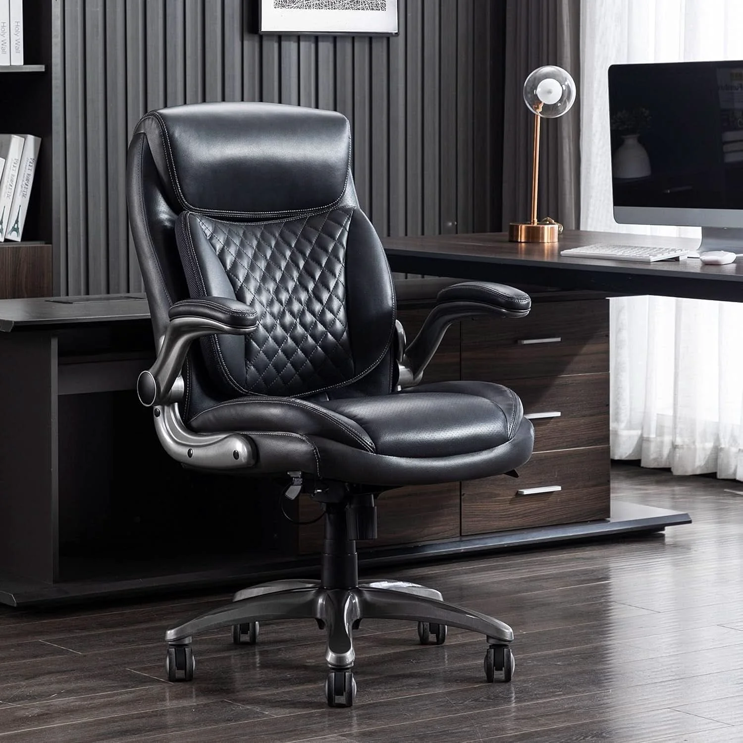 Sustainable Ergonomic Grey Leather Desk Chair With Adjustable Height Clean