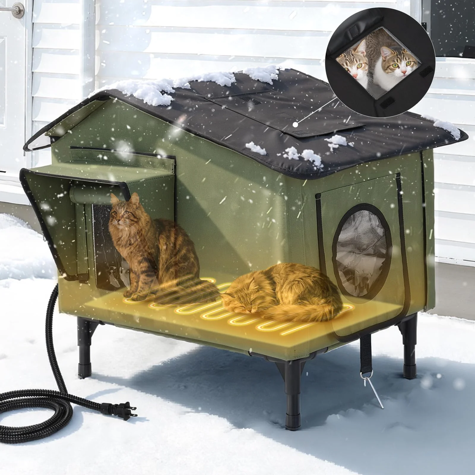 Carefully Designed PETEMPO Heated Cat House for Outdoor Winter – Weatherproof Insulated Shelter with Auto-Thermostatic Heating Pad 20×16 Safe