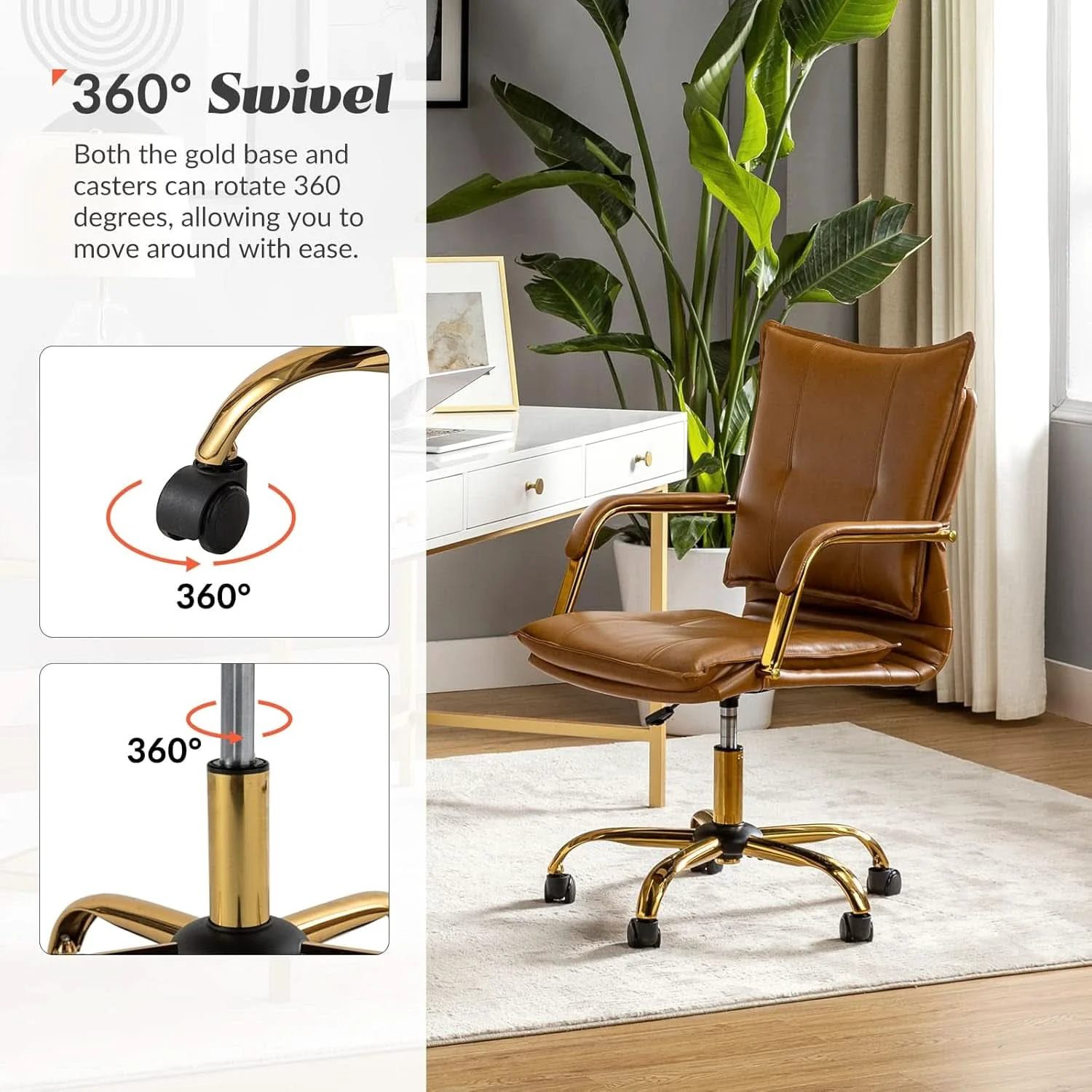 Luxury Adjustable Faux Leather Desk Chair With Golden Legs Camel Lightweight