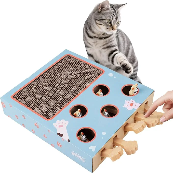 High-Grade PAWISE 3-in-1 Interactive Cat Toy Whack-A-Mole Cat Puzzle Cat Scratching Board with Catnip Cardboard Cat Scratcher Box for Indoor Cats Kitten IQ Boost Boredom ReliefAbout ThisOverview Flexible