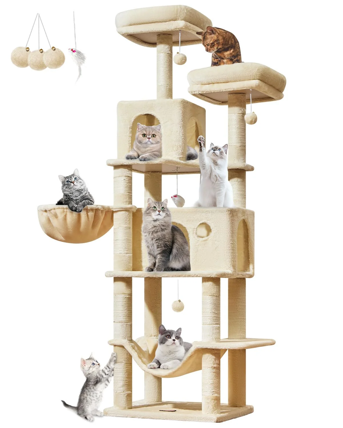 Lightweight Taoqimiao 73-Inch Large Cat Tree Tower — 9 Scratching Posts 2 Condos Hammock Beige Natural