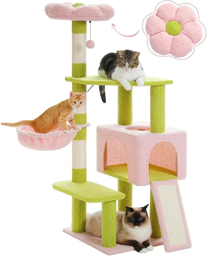 Secure Flower Cat Tree 47.2 Multi-Level Cat Tower with Sisal Covered Scratching Posts Cute Cat Condo for Indoor Small Medium Cats Pink Top Perch Fluffy Ball PinkAbout ThisOverview Safe