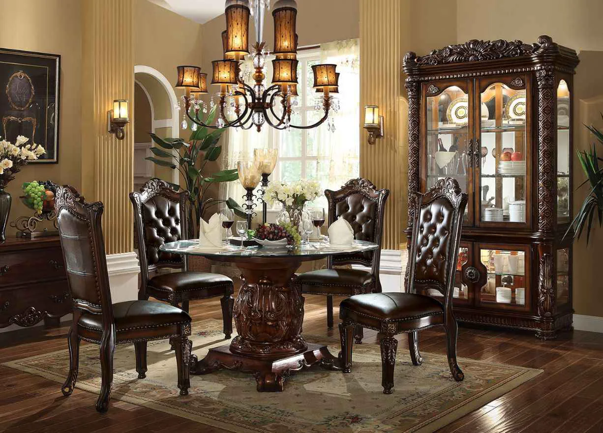 Unique Vendome – Round Dining Table – Clear Glass Top Cherry Smooth