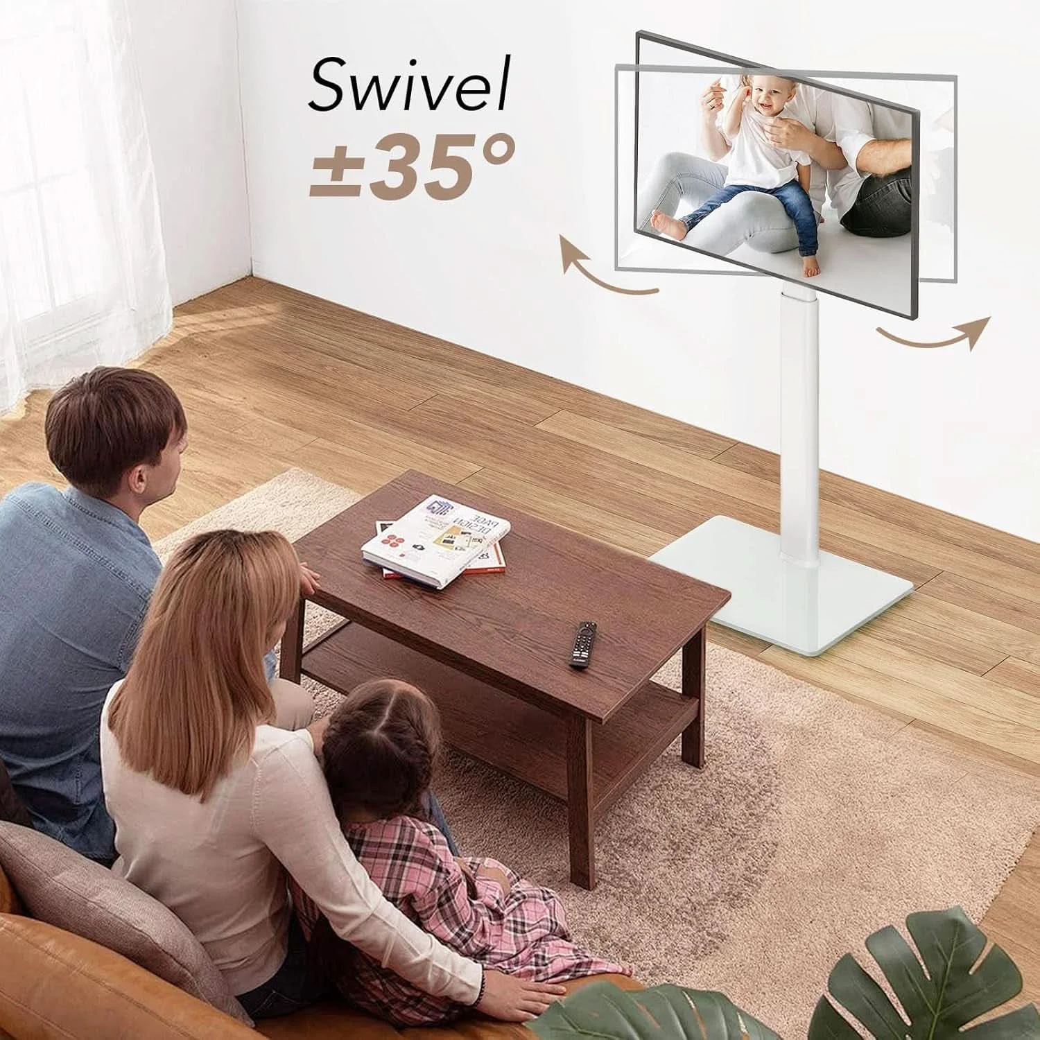 Powerful White Universal standing TV Stand Seventy Degree Swivel High-End