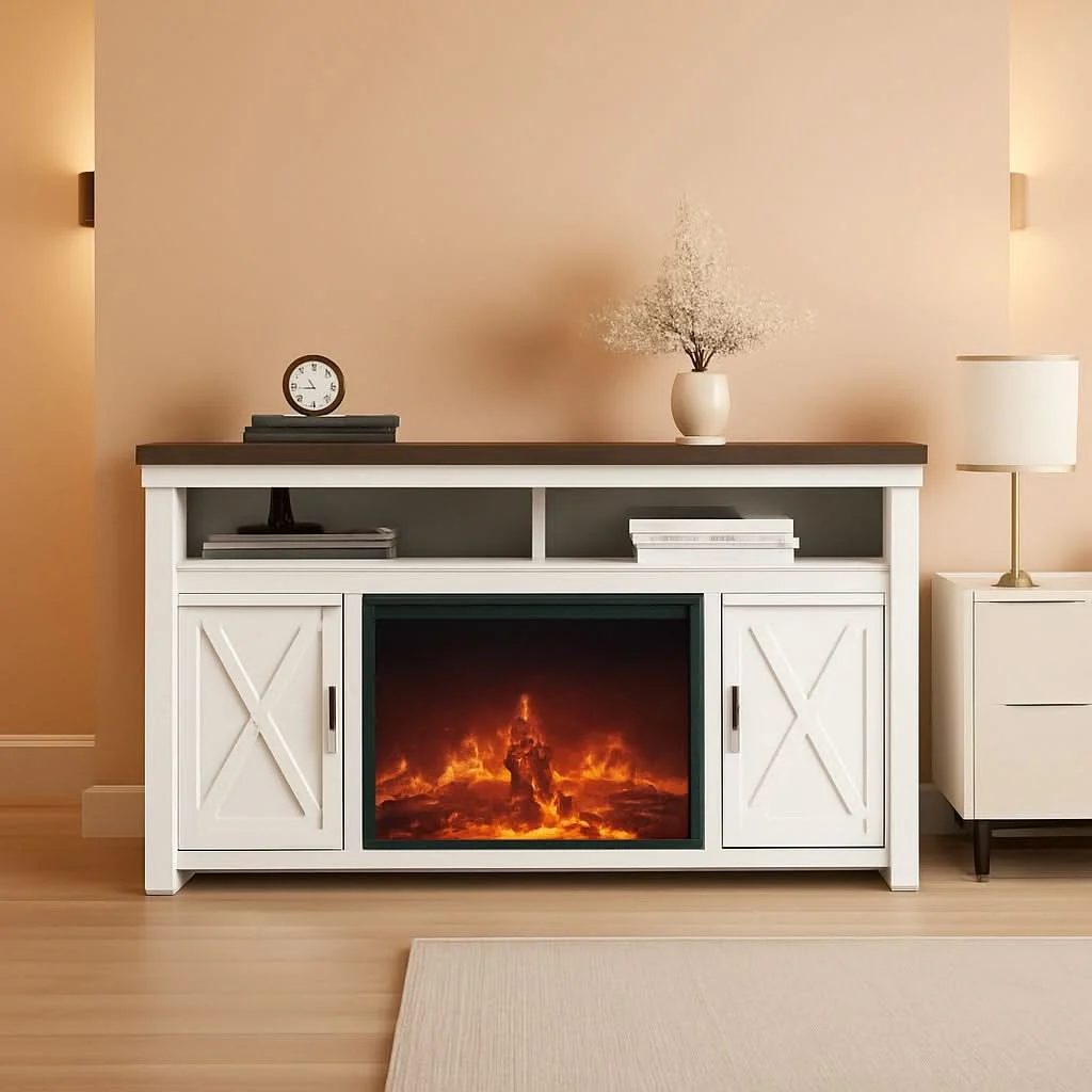 Carefully Designed 58 Inch White Farmhouse Fireplace TV Stand Cabinet Contemporary