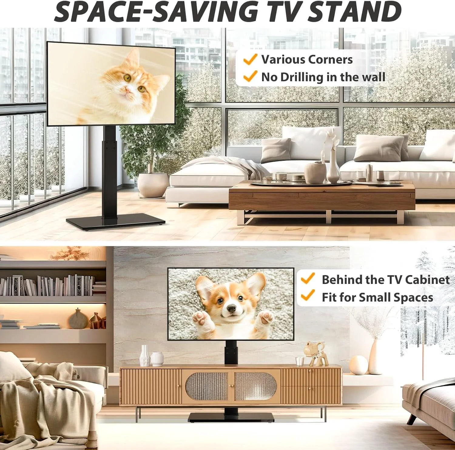Convenient Black Floor TV Stand Tempered Glass Height Adjustable Classic