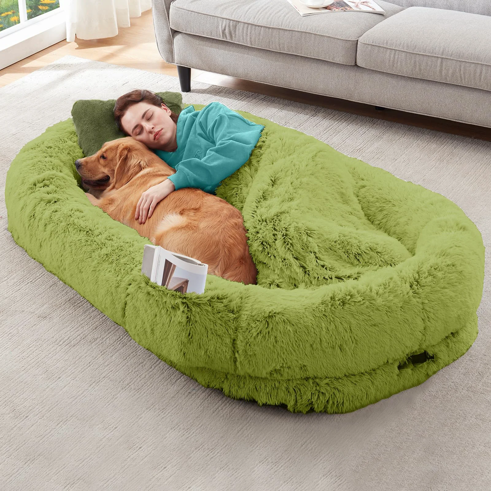 Premium YAEM Human Dog Bed for Adults Kids Pets – 71x45x12 GrassGreen Plush Faux Fur Stylish