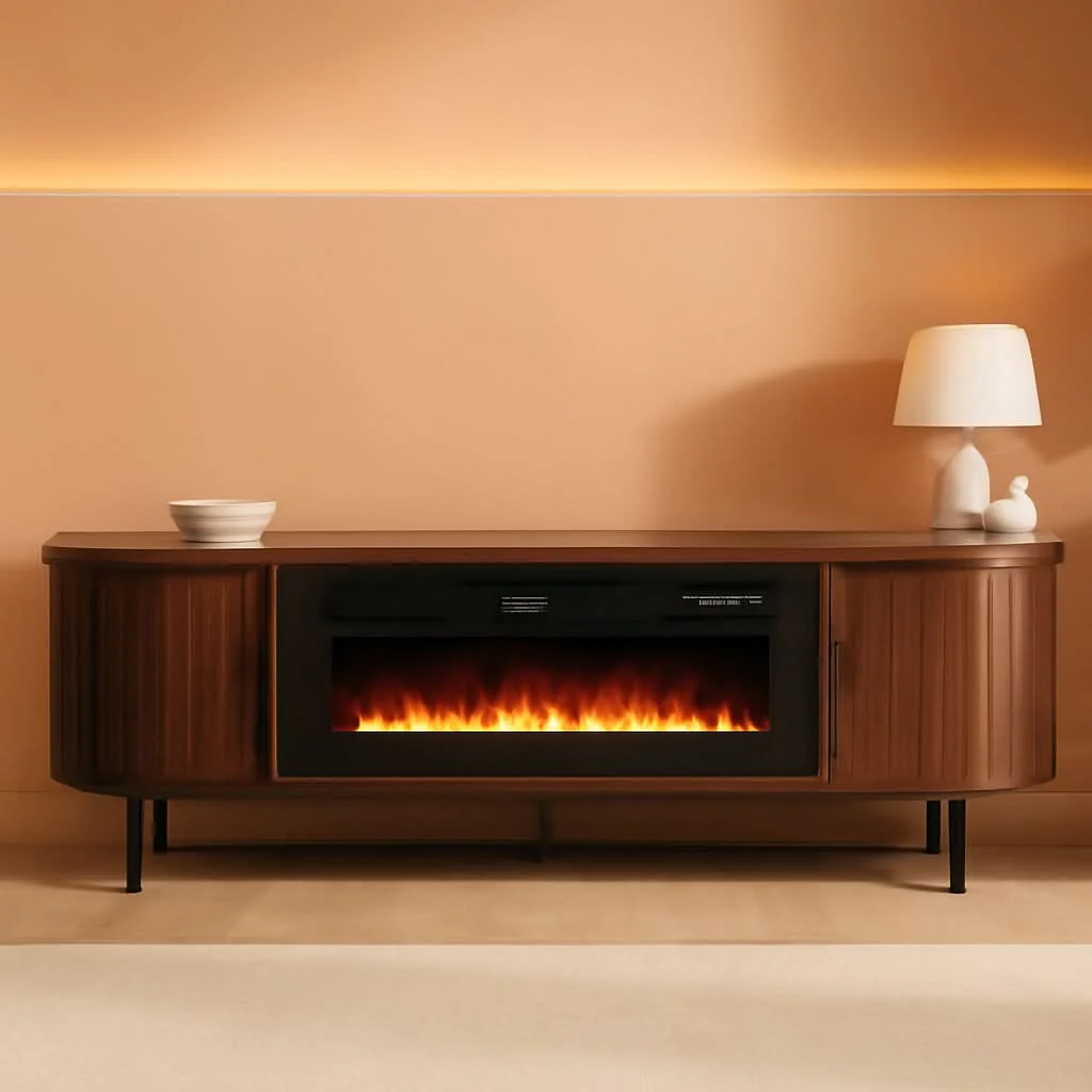 Convenient Seventy Inch Walnut TV Stand With Electric Fireplace Efficient