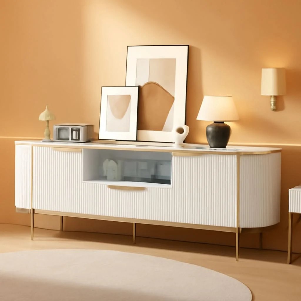 Safe Elegant White Fluted Seventy Inch TV Stand Storage Solutions Refined